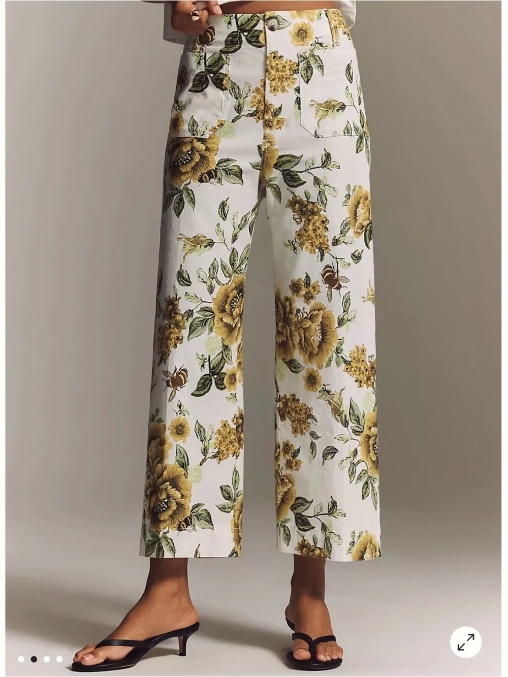 New- Mauve White Wide-Leg Pants with Yellow Floral Print - Picture 2 of 7
